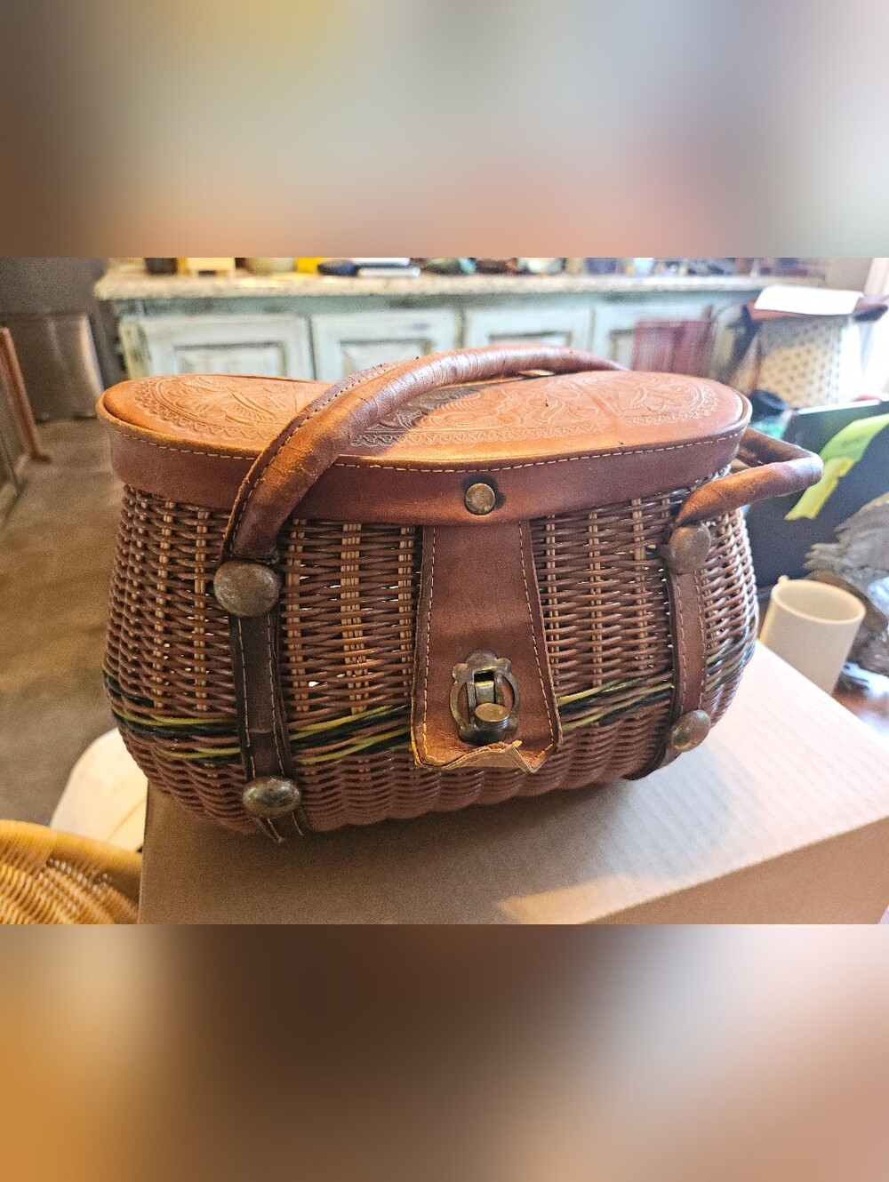 Vintage 70's Wicker Rattan and Tooled Leather Top Fishing Style Basket Purse Bag